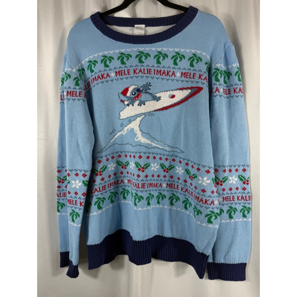 Disney Stitch Mele Kalikimaka Ugly Christmas Sweater Light Blue XL‎